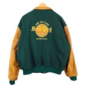 Vintage Hard Rock Cafe Honolulu Bomber Jacket Size XL Green Wool Leather Grunge